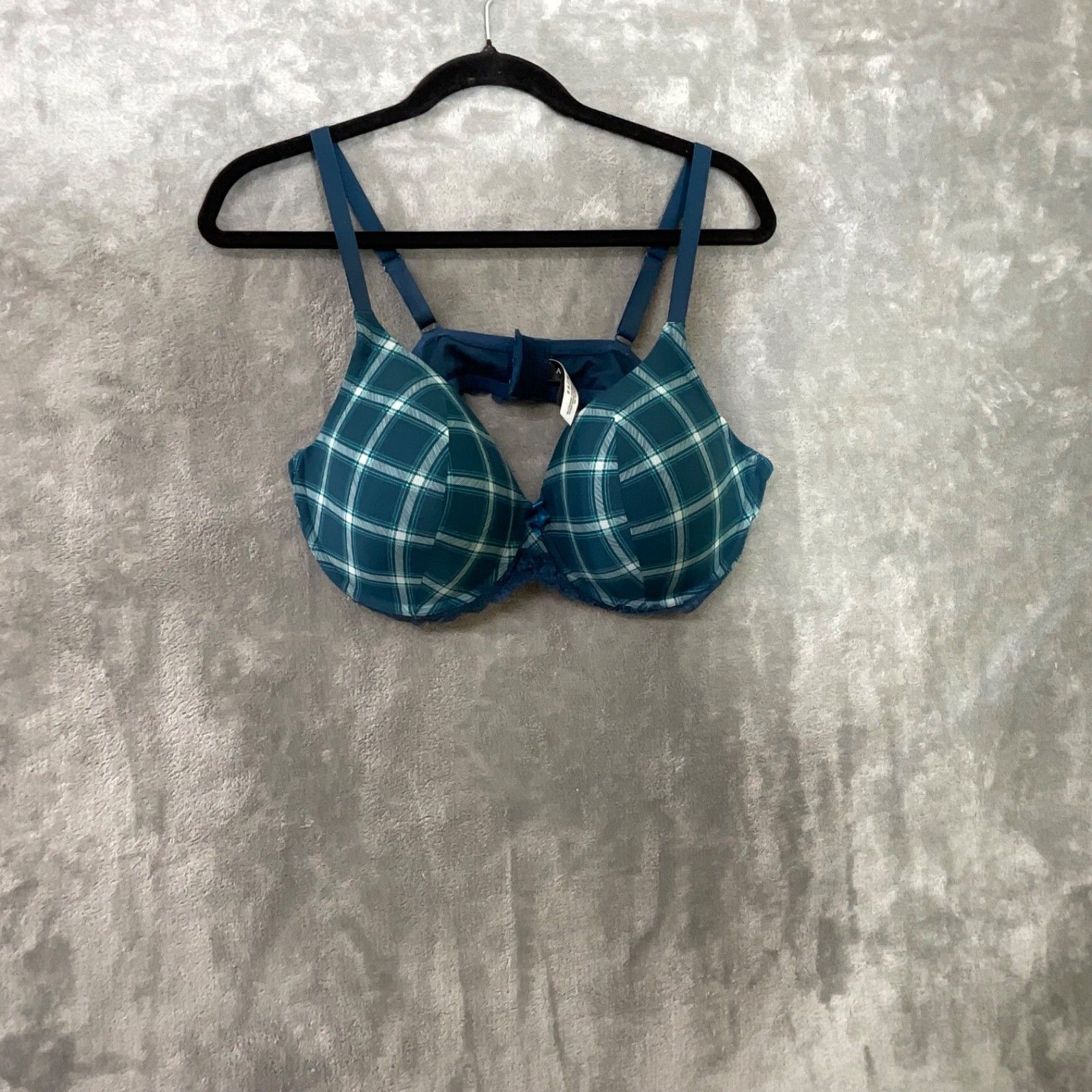 Adore Me Balconette Underwire Bra Plaid Green Blue Lace Sz 42c